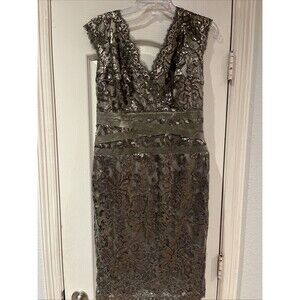 TADASHI SHOJI Formal Gown Smoky Pearl Sequins Evening Gown Mermaid Skirt Size 12